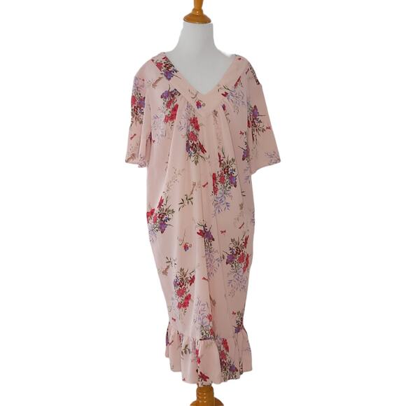 Vintage Haband House Dress Tropical Pink Floral Ruffle Hem Semi-Sheer Small - Picture 1 of 12